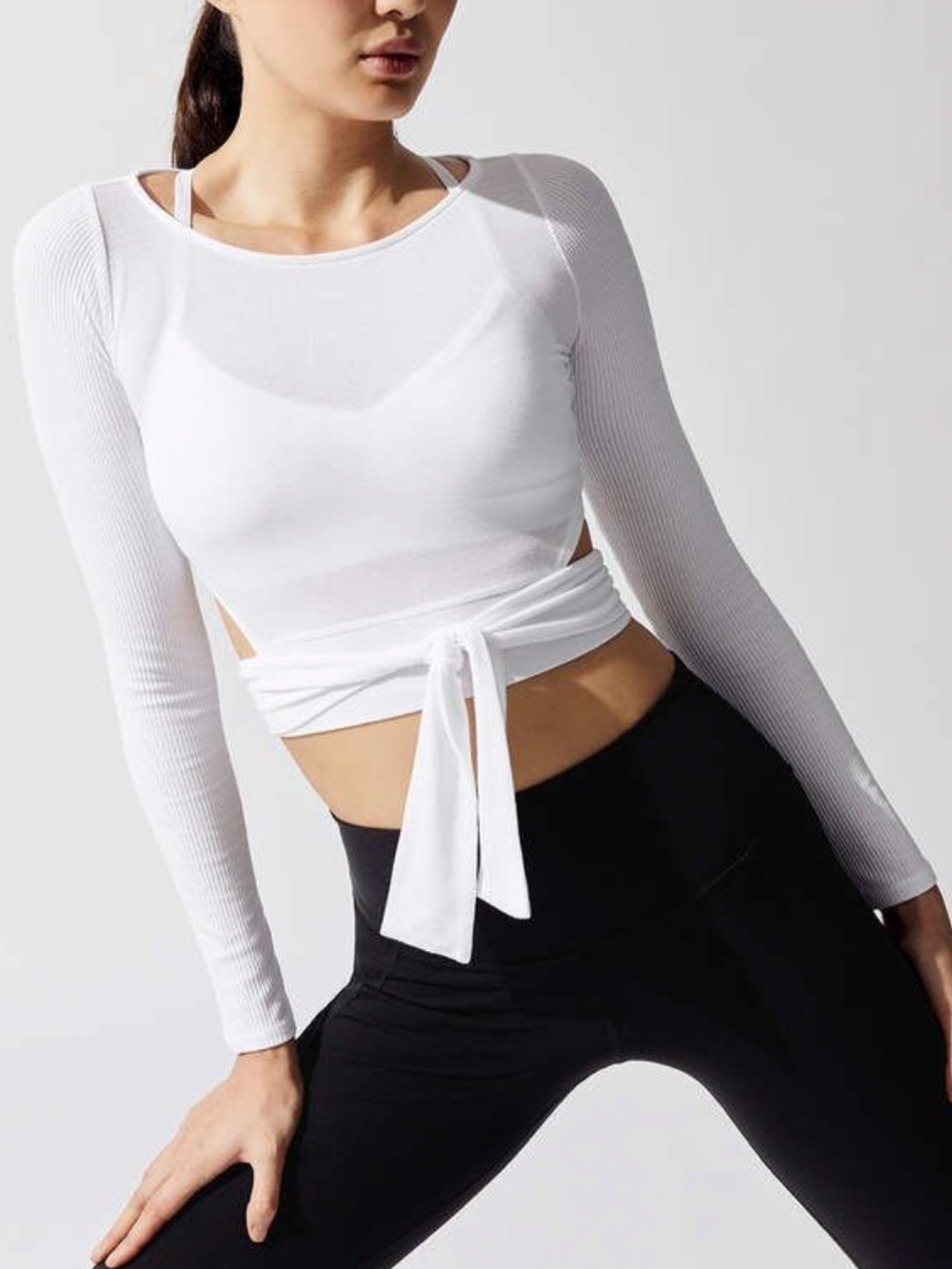 ALO Yoga Cream Ribbed Barre Pilates Wrap Long Sleeve Tie-Back Crop Top Shirt L